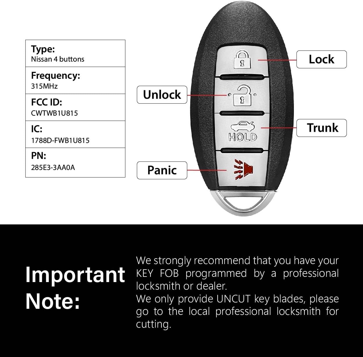 Replacement for 2013 2014 2015 2016 Nissan Sentra Versa Key Fob Remote Control CWTWB1U815 4 Buttons 315MHz