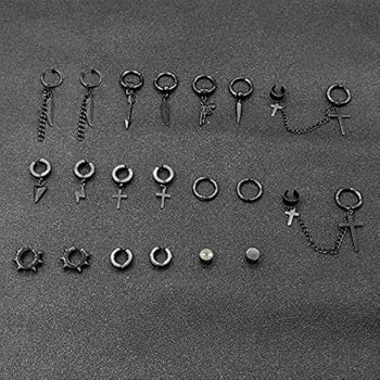 4 paar oorbellen, roestvrij staal, zwart, zilver, mat, voor heren