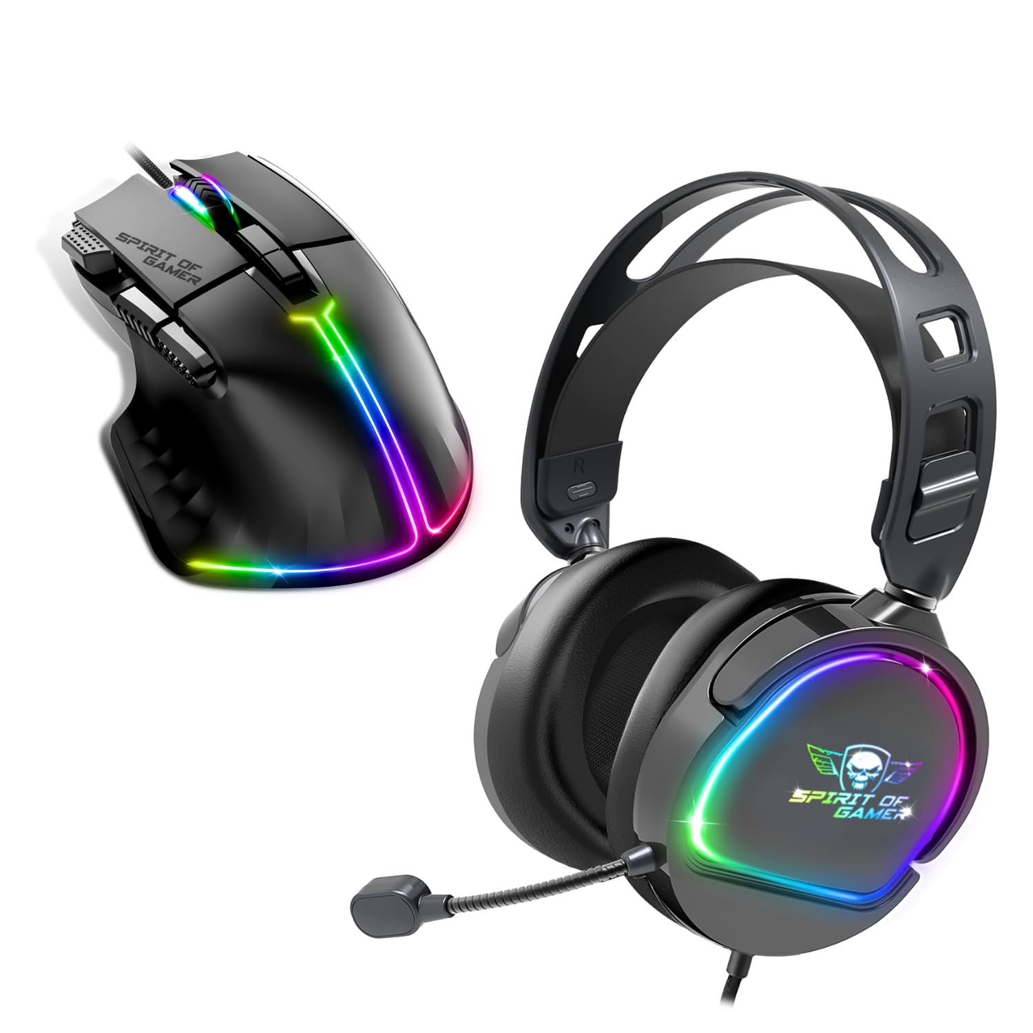 Spirit Of Gamer, Pack Souris + Casque Gamer Filaire RGB, Casque Gaming Noir avec Micro, Souris Gamer Filaire pour PC 12800 DPI avec 8 Boutons Programmables Dont 1 Rapid Fire