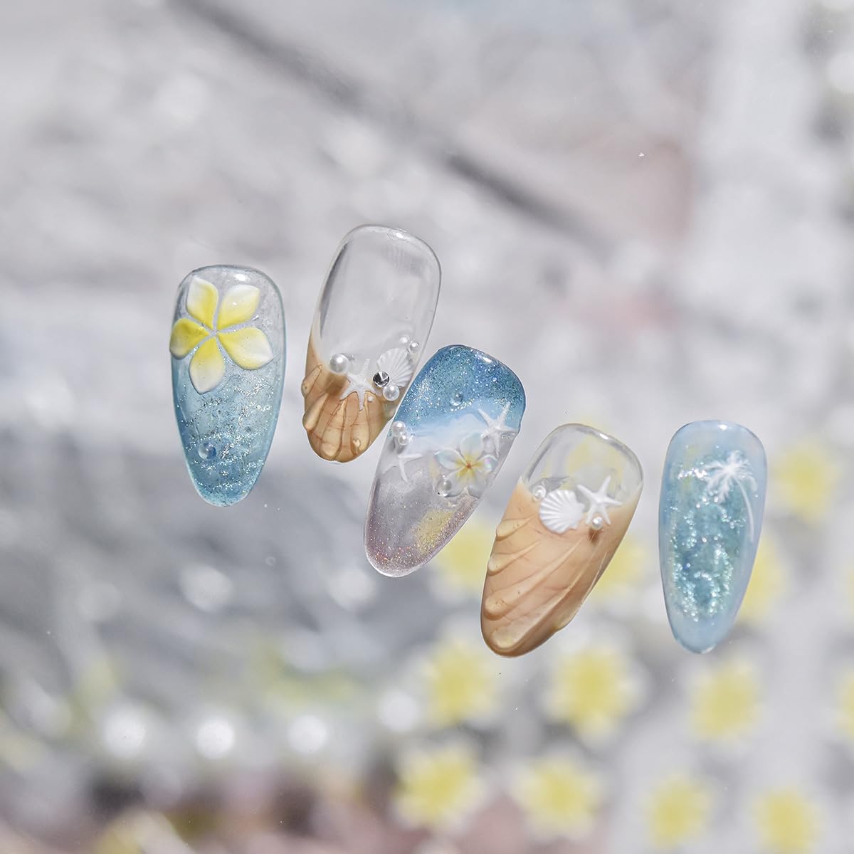 5D Embossed Summer Nail Stickers for Nail Art Tropical Ocean Nail Art Stickers Flower Jellyfish Starfish Shell Design Self-Adhesive Beach Nail Decals Cute Manicure Supplies for Women DIY Nails Salon