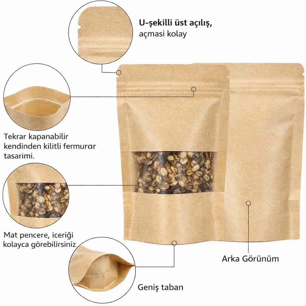 Pencereli Kraft Doypack Dik Duran Poşetler – 50’li Paket, Şeffaf Pencereli, Kilitli (Ziplock) ve Kolay Açma Çentikli, Çok Amaçlı Gıda Saklama Poşetleri (11 cm – 18 cm)