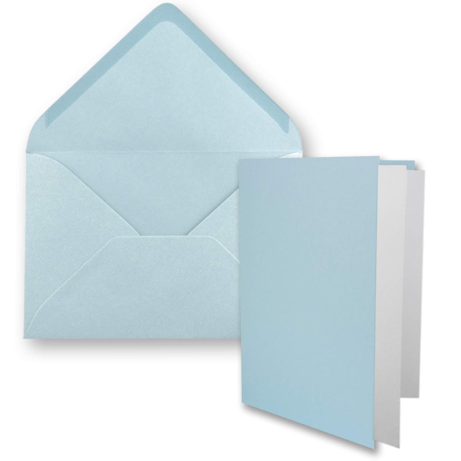 Juego de 25 tarjetas plegables DIN B6 con sobres en azul claro (azul) – 120 x 170 mm – incluye papel blanco – ideal para tarjetas de invitación, bodas, bautizos, comuniones y confirmaciones
