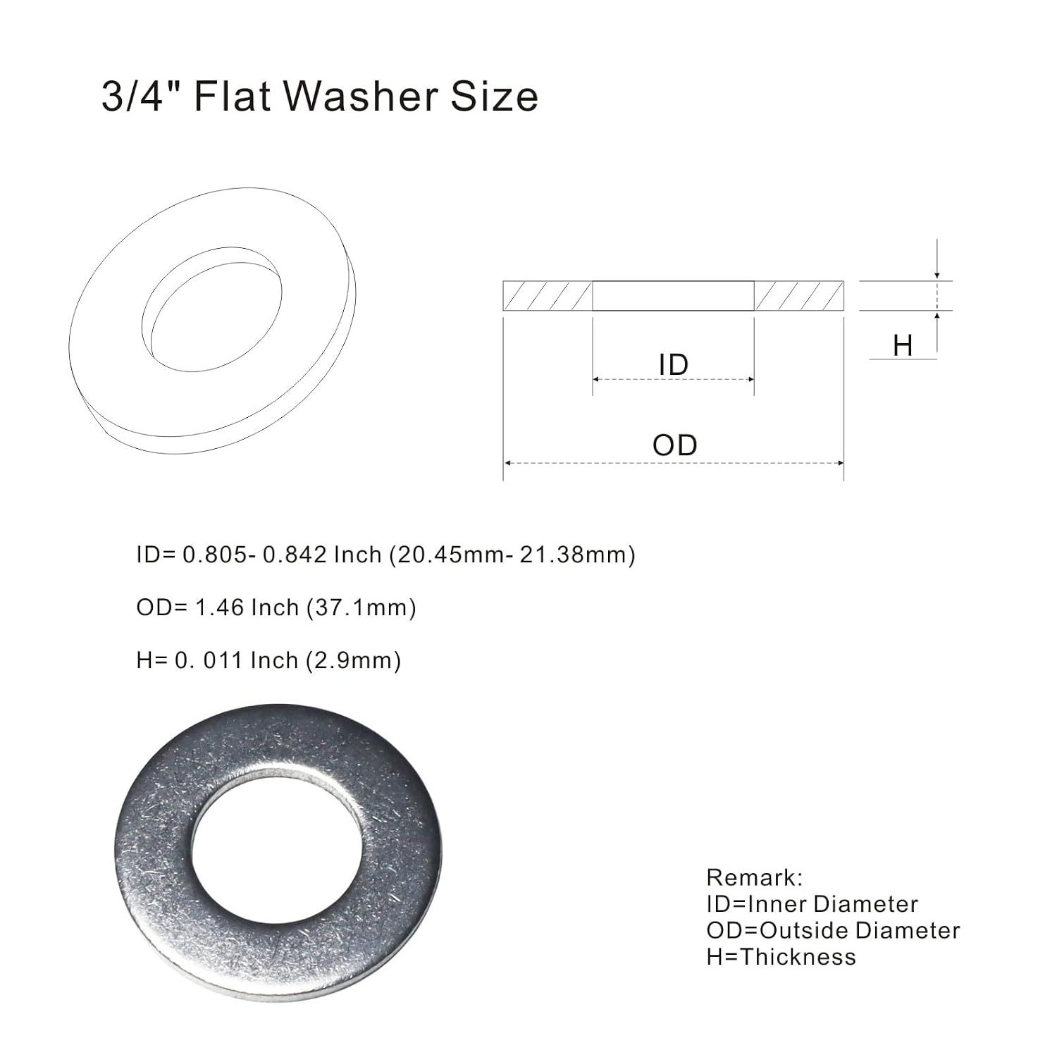 3/4" Flat Washer, 18-8 (304) Stainless Steel Washers Flat, 3/4 inch Stainless Flat Washers, 3/4" x 1-1/2" Washers Flat; 18pcs