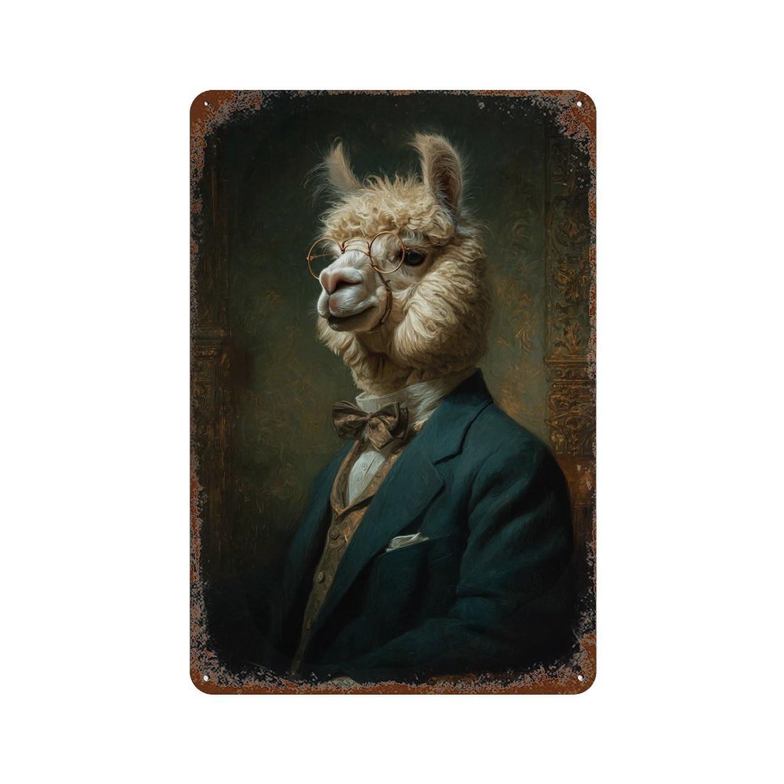 Weathered Tin Sign Llama in Suit with Bow Tie 11.8"x7.9", Novelty Wall Decor for Basement, Hobby Room And Garage Decor