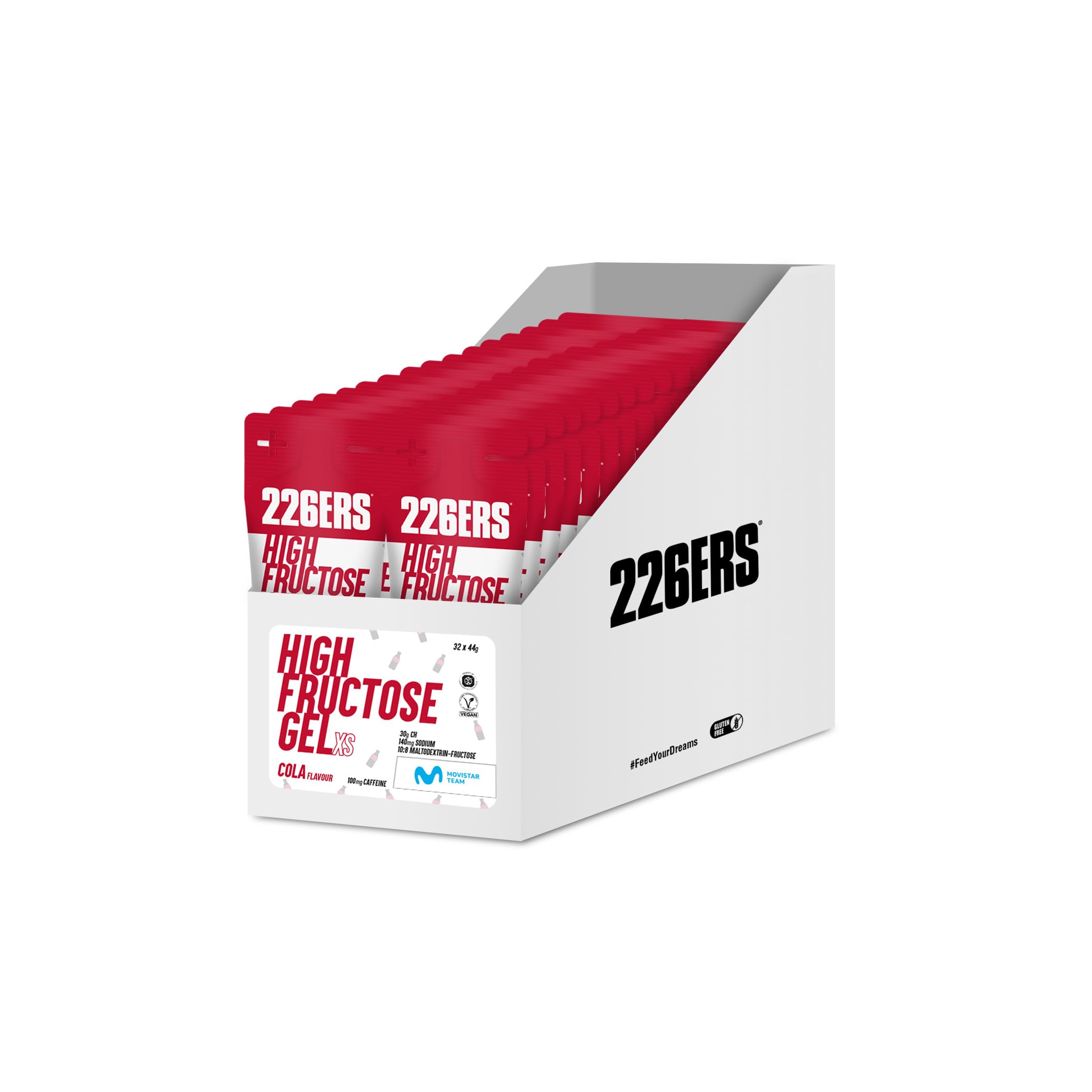 226ERS - High Fructose XS, Energiegel für Sportler, mit Maltodextrin und Fruktose, 55 mg Koffein, Vegan und Glutenfrei, Kohlenhydratversorgung, Cola-Geschmack, 32 Gels x 44 g