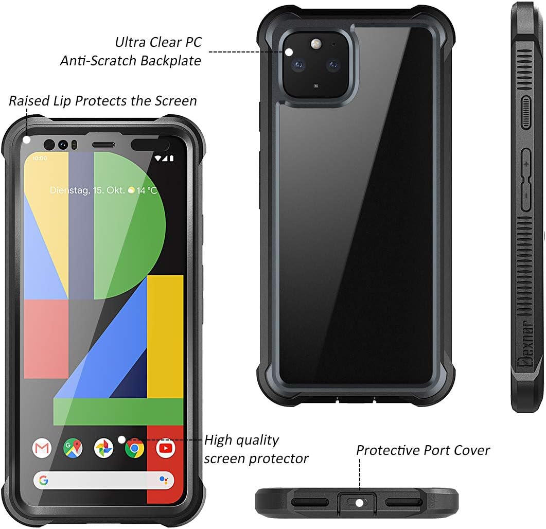 Dexnor Google Pixel 4 Case with Screen Protector Slim Clear Rugged Full Body Protective Shockproof Hard Back Defender Dual Layer Heavy Duty Bumper Cover Case for Google Pixel 4 - Black