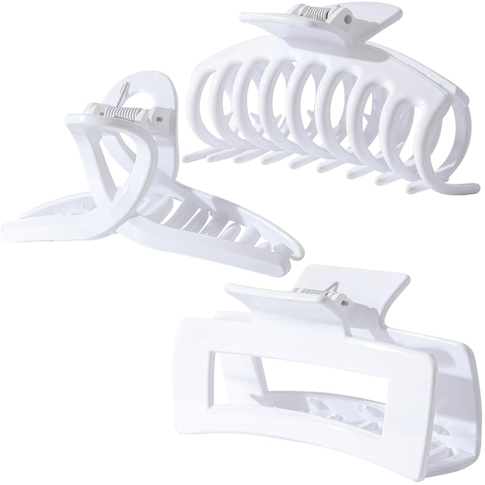 Kitiin Solid White Large Hair Claw Clips for Thick/Fine/Thin Hair,Strong holding teeth interlocking Women Jaw Clips for Hair 3 Count In set(White)