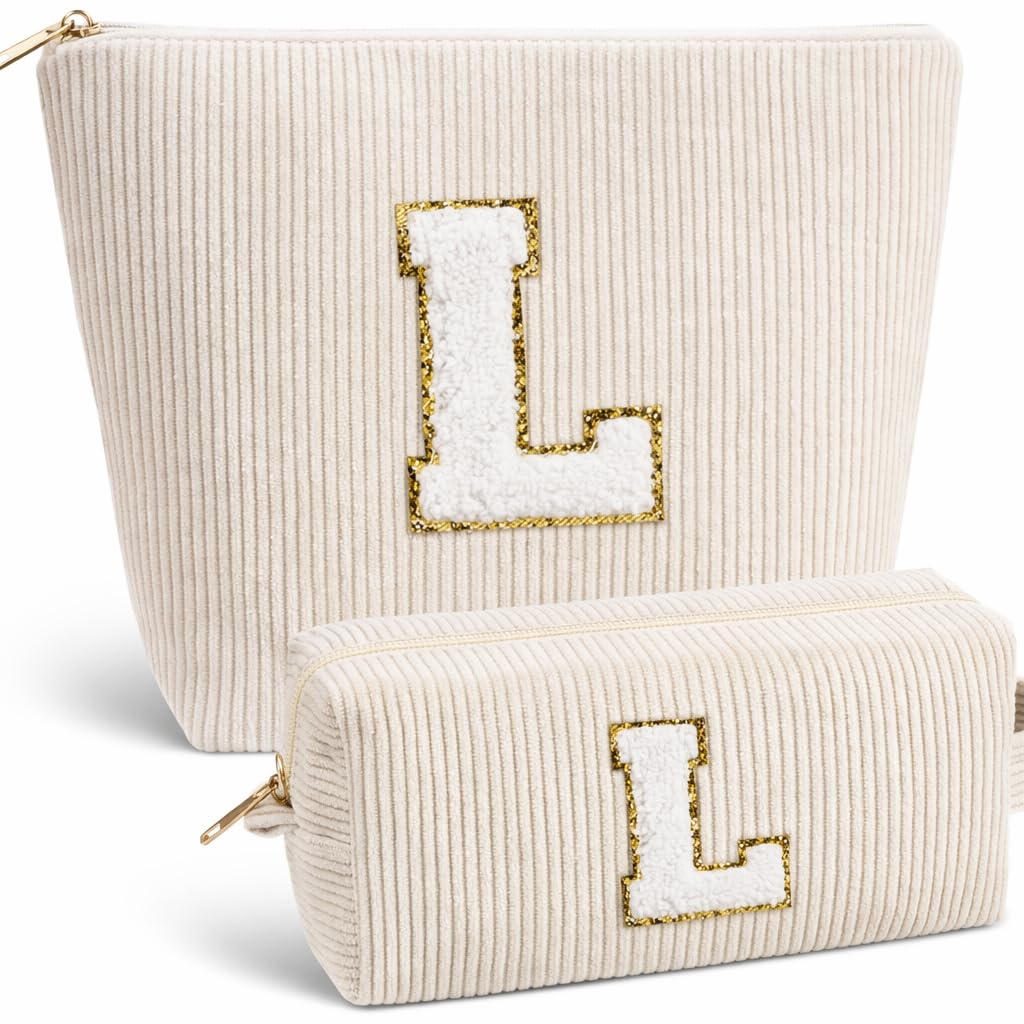 Giftota 2 Stück Personalisierte Kosmetiktasche Damen Cord Schminktasche, A–Z Make up Tasche mit Buchstaben, Kulturtasche für Reisen, Geschenk für Frauen Mädchen, Geburtstagsgeschenk für Frauen Mama L