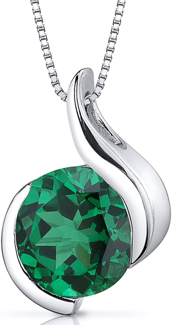 PEORA Simulated Emerald Open Bezel Wave Solitaire Pendant Necklace for Women 925 Sterling Silver, 1.75 Carats Round Shape 8mm, with 18 inch Chain, Emerald Necklace, May Birthstone, w/Jewelry Box