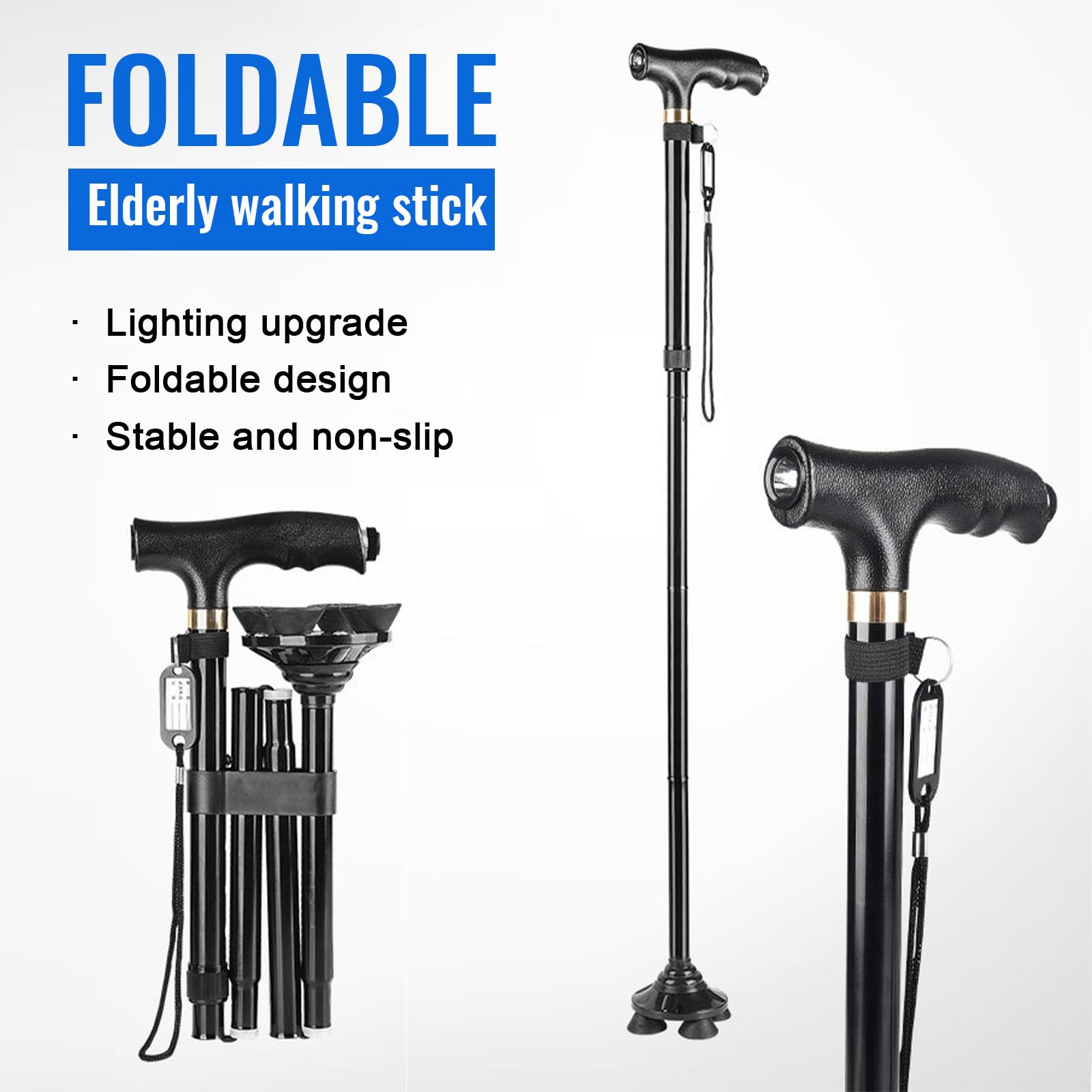 Bastón Plegable con Luz LED Ligero Portátil Bastón de Viaje 5 Niveles Altura Ajustable Base Antideslizante 4 Puntos para Hombres y Mujeres