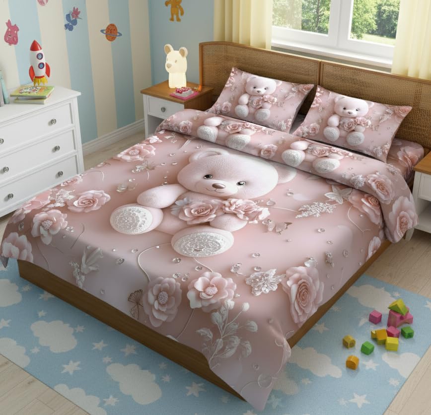 Image of Premium 7D Printed King Size Bedsheet Set with Pillow Covers Soft Cotton Blend Double Bedsheet for Home (Pillow Covers :18x28 inches Bedsheet :90x100 Pink Teddy)