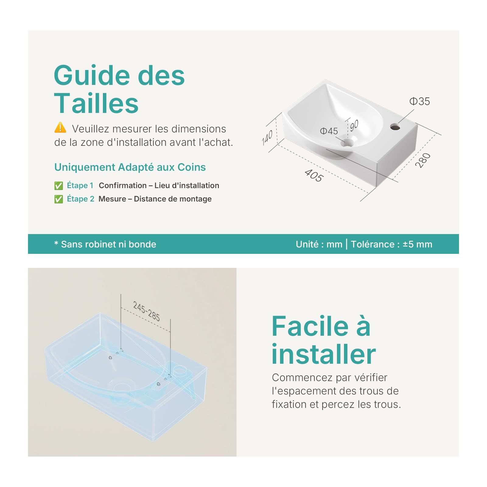 EMKE Lave-Mains pour WC Étroit 40 cm,Robinet à Droite, 405 x 280 x 140 mm | Petit Lavabo Céramique Rectangulaire Blanc Brillant, Petite Vasque Suspendue au Mur Gain de Place(Sans Robinet ni Bonde)