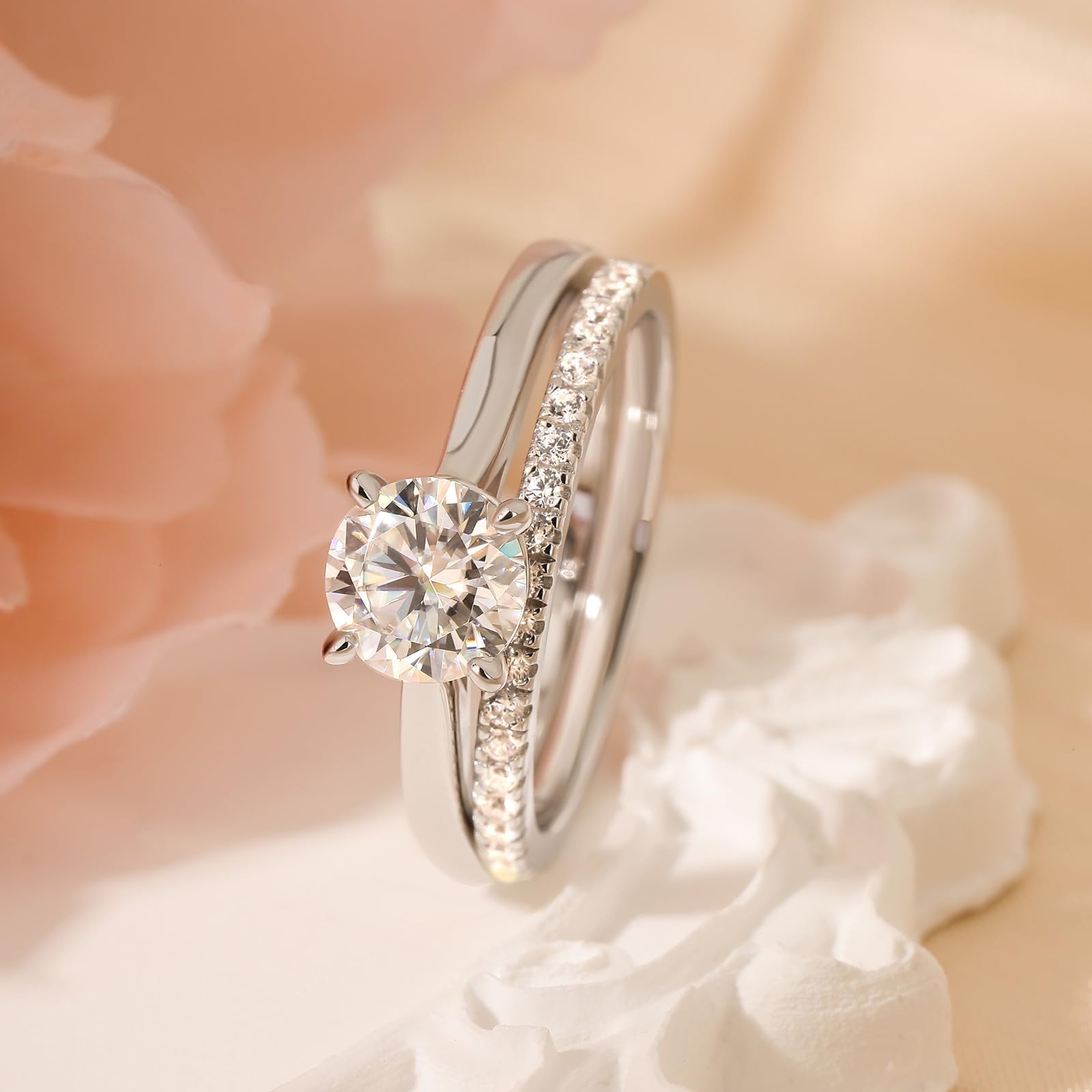 Damen Moissanit Klassisch Band Ring Set 925 Sterling Silber Vorsteckring Rundschliff Stein Stapelring Modern Elegant Doppelring Frauen Trauring für Hochzeit Valentinstag