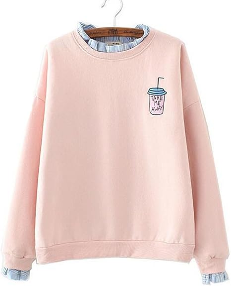 Amazon Wendy レース襟 スウェット ジュース 刺繍 裏起毛 保温 レディース スウェット かわいい パーカー ピンク トレーナー パーカー 通販