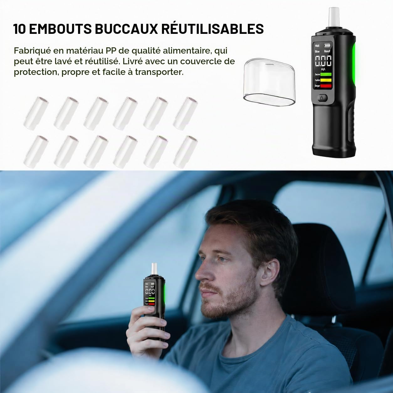 Ethylotest Electronique - Ethylotest avec 10 Embouchures, Alcotest Numerique, ethylometre mesures de Haute précision, pour Tests personnels domestiques (Black)