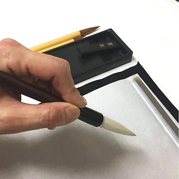 Japanese calligraphy set 9 parts, Shodo calligraphy pen (three brushes) and paper, inkstone and ink stick, non slip underlay, Paperweight, with clear case (White edge/Clear case)