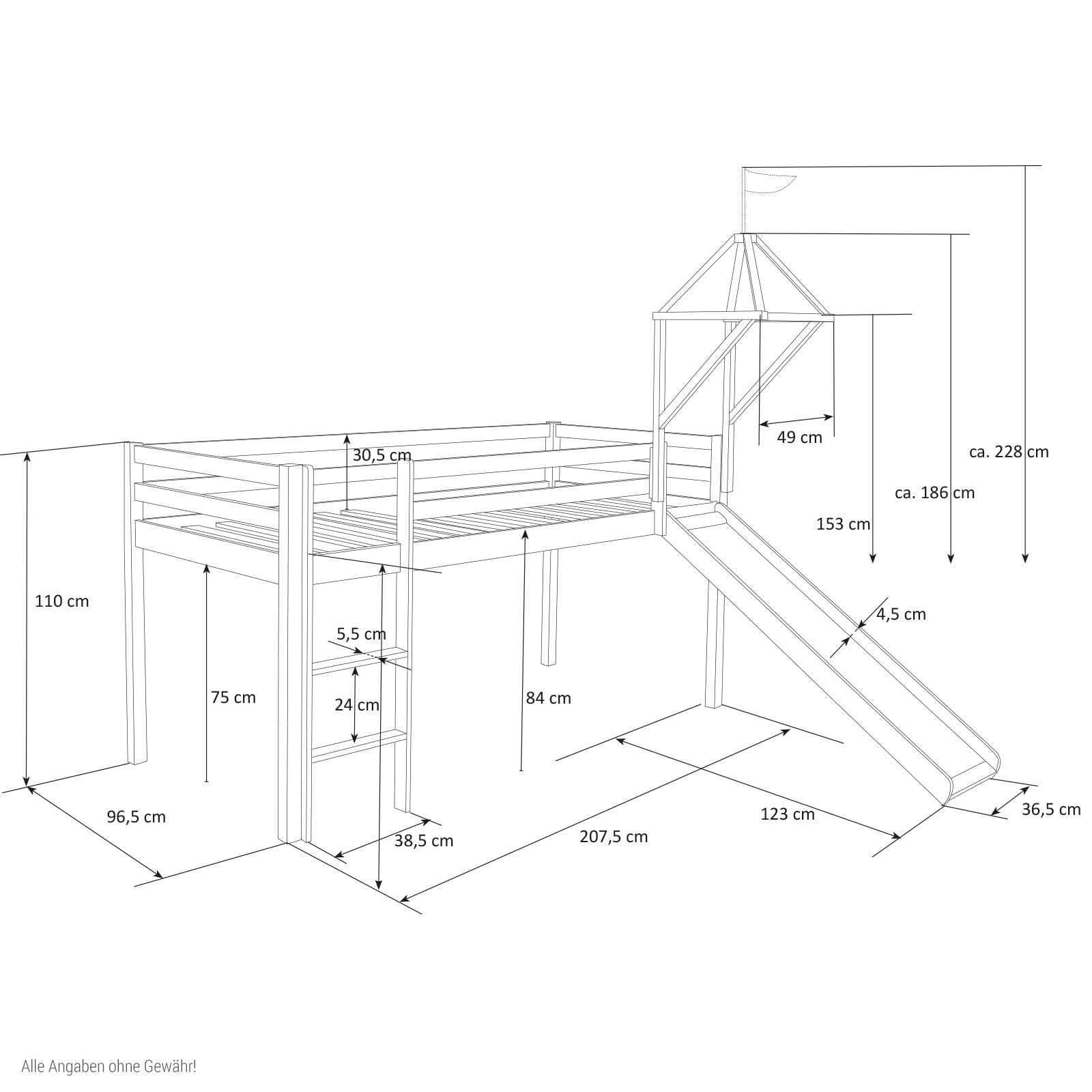 Homestyle4u 2561 - Lit mezzanine en bois blanc - 90 x 200 cm - Rideau rose - Échelle - Toboggan - Tour - Tunnel - Sommier à lattes - Matelas