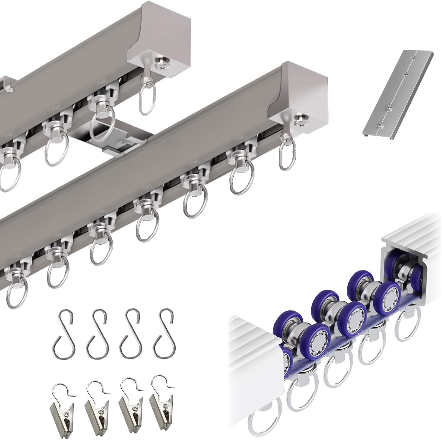 Aluminum Double Curtain Rod 50-500cm, Silent Rollers & Mounting Clips for Ceiling/Wall, Perfect for Bedroom, Room Divider, Balcony - Champagne Finish, 90cm/3ft