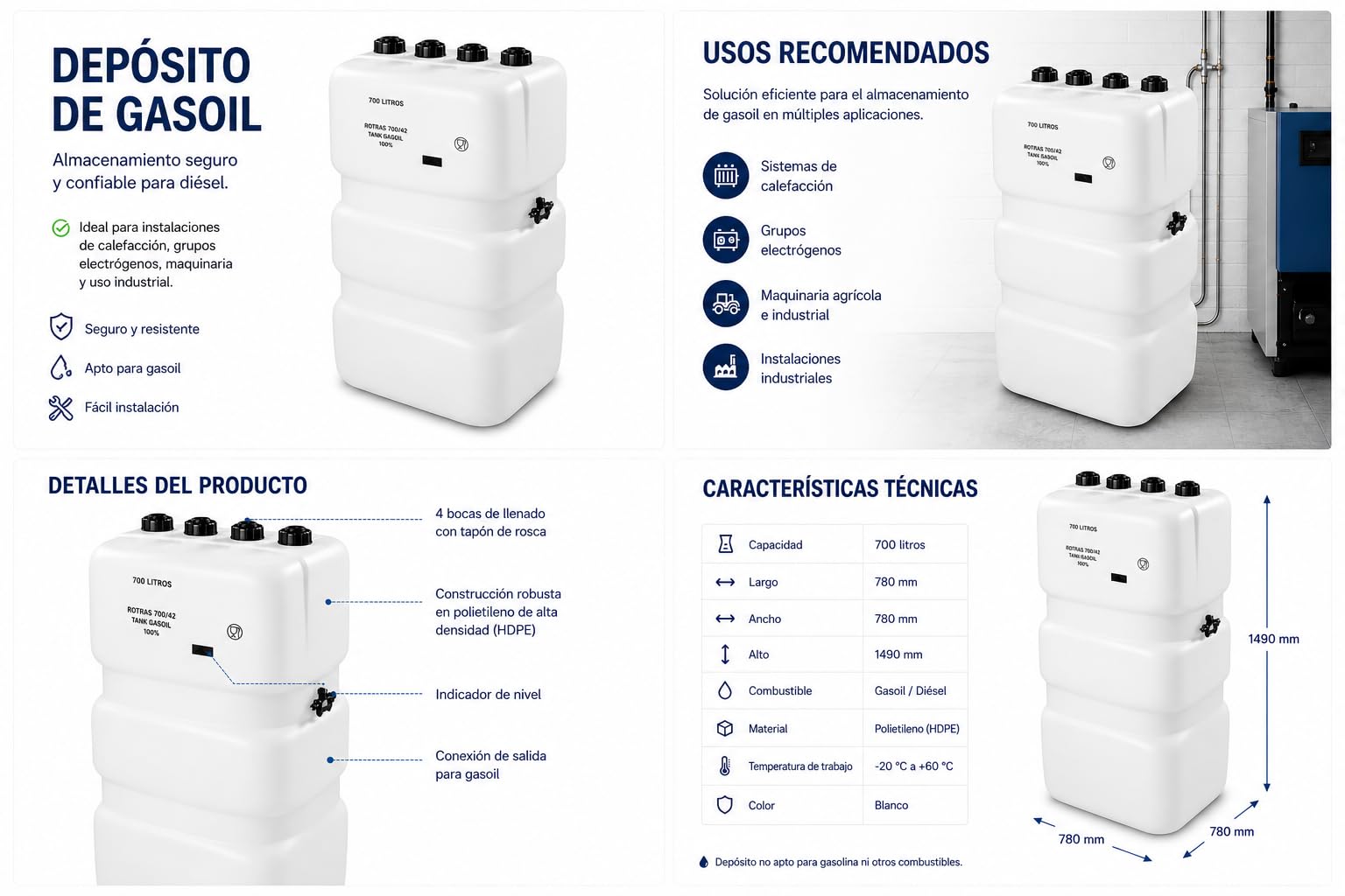 Deposito Gasoil 700 Litros Homologado | Bidon Gasoil Polietileno Alta Densidad PEAD, Resistente, Duradero | Modelo Alto Espacios Reducidos, Ergonómico | Uso Doméstico e Industrial
