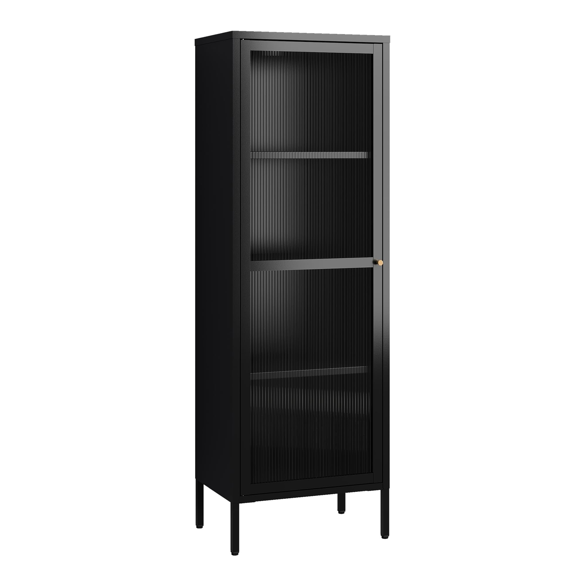 [en.casa] Armadio a Vetrata con 4 Scomparti Credenza Alta Libreria Espositiva Vetrinetta Anta in Vetro Semitrasparente Scanalato 150 x 50 x 35 cm Mobile in Acciaio - Nero