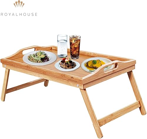 Miniatura 3 de RoyalHouse Bandeja de cama de bambú premium, bandeja de desayuno con patas plegables, bandeja portátil para regazo paquete de 2