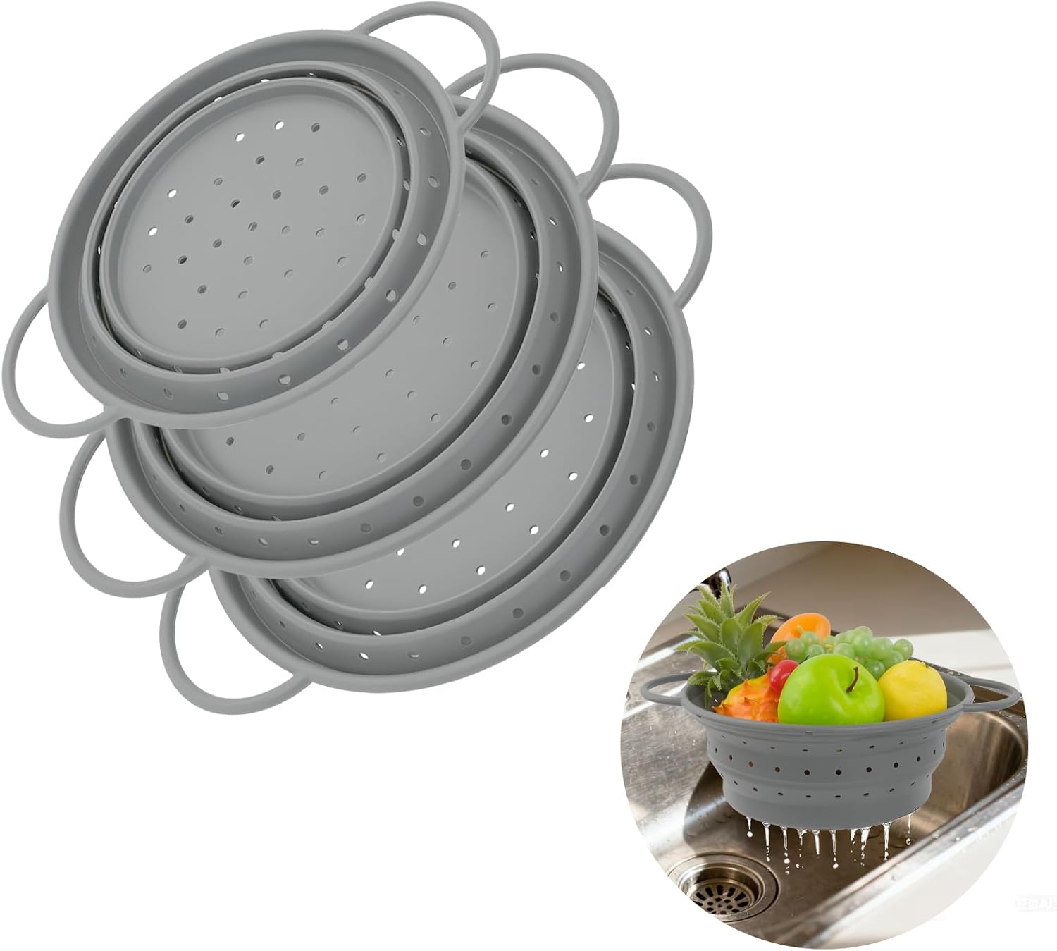 CEYAZYE Collapsible Colander Set of 3, Silicone Space-Saving Foldable | Kitchen Pasta Strainer, Heat-Resistant Fast Draining Basket with Non-Slip Base and Handles, Food Strainer