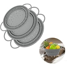 CEYAZYE Collapsible Colander Set of 3, Silicone Space-Saving Foldable Kitchen Pasta Strainer, Heat-Resistant Fast Draining Basket with Non-Slip Base and Handles, Food Strainer for Fruit, Vegetables