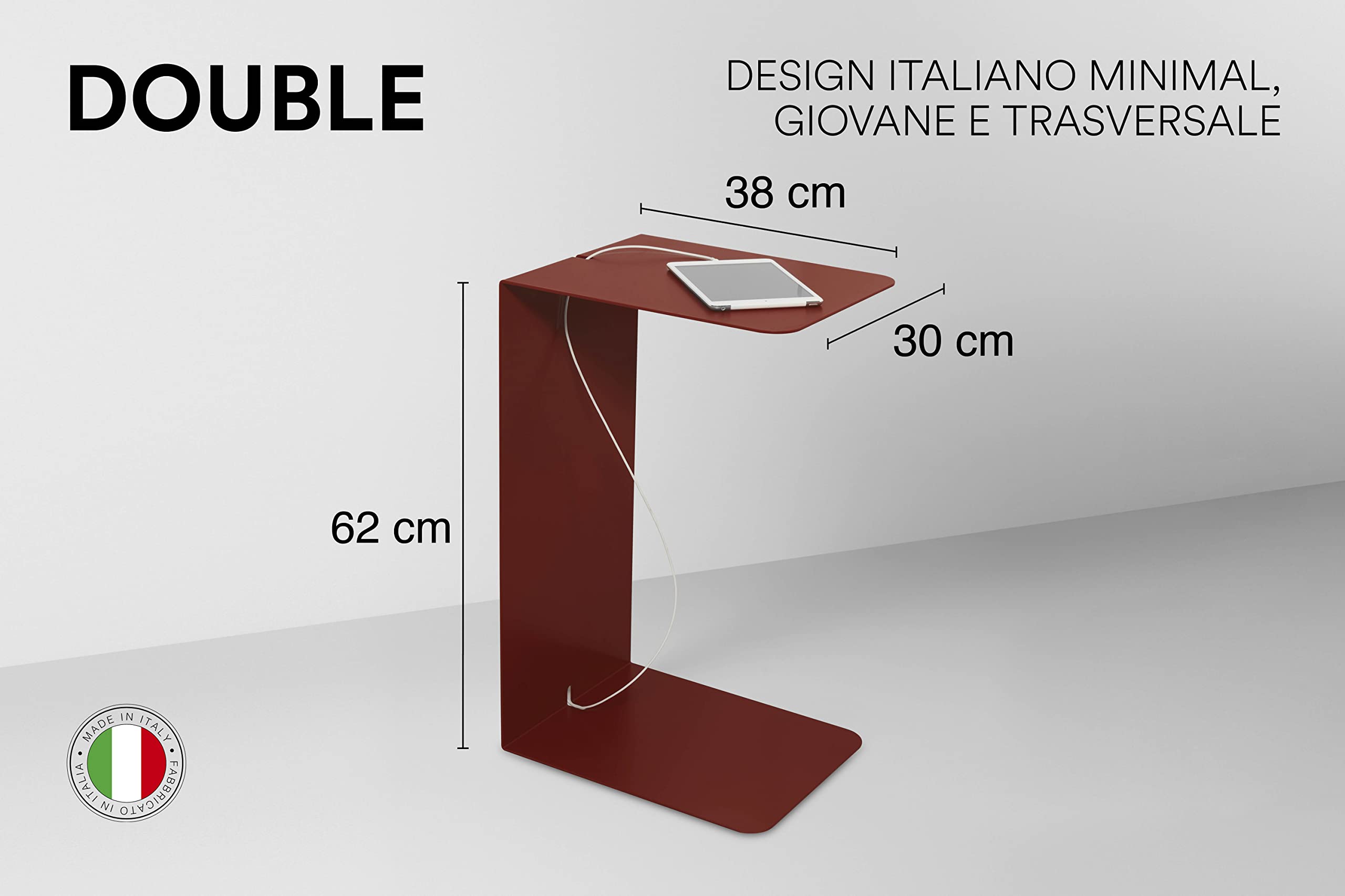 Tavolino Laterale da Divano in Metallo - Tavolino Salotto Moderno, Design Minimal, Tavolino da letto per pc, Sidetable da lavoro, Made in Italy, dimensioni 38x62x30 cm (Rosso Terracotta)