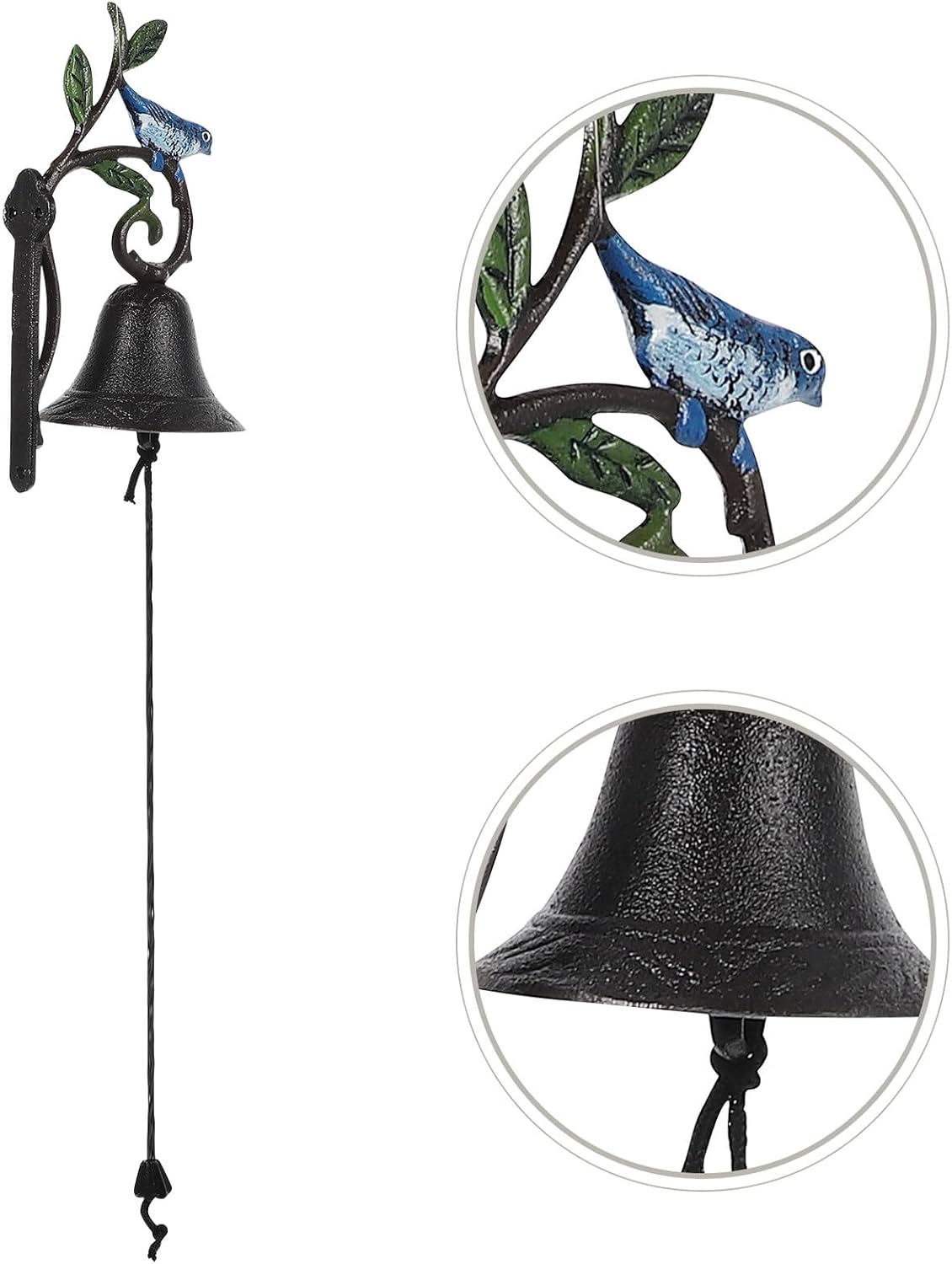 BETOOKY Cast Iron Vintage Door Hanging Bell, Hand-Painted Rustic Bird Design, Wall-Mounted Decorative Doorbell for Garden and Yard Décor