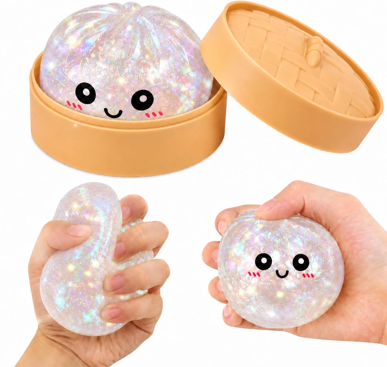 RZCOMP Dumpling Squishy Glitter Dumpling Squishy Toys with Plastic Steamer Box,Big Dumpling Squishy Stress Relief Fidget Novelty Squeeze Toys Gift for Adults & kids (White) — image 1