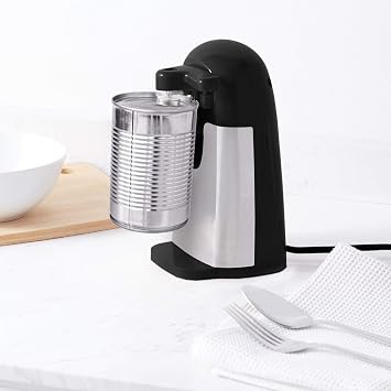 Amazon Basics 3-In-1 Electric Can Opener, Bottle Opener and Knife Sharpener with Stainless Steel Blade, Magnetic Lid Holder, Safe, Easy to Use, Powerful, Sleek Design, 50W, Black