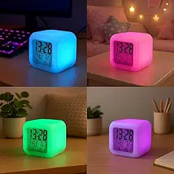 Relógio Digital LED 7 Cores Cubo Multicolorido com Temperatura, Data e Hora, Iluminação Automática