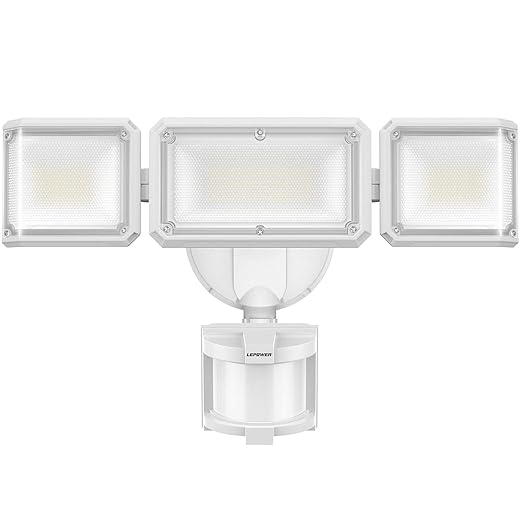 LEPOWER 45W Flood Lights Motion Sensor Outdoor Lights, 4800LM LED Security Light, Dusk to Dawn Motion Sensor Light, 3 Modes, 5000K, IP65 Waterproof, Outdoor Flood Light for Garage Yard Porch（White）