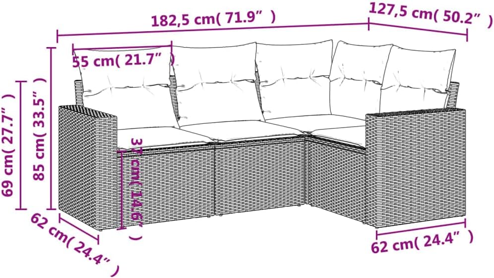 vidaXL - Patio Sofa Set with Cushions - 4 Piece Outdoor Black Poly Rattan - Modular Garden Furniture for Patio, Deck, Terrace