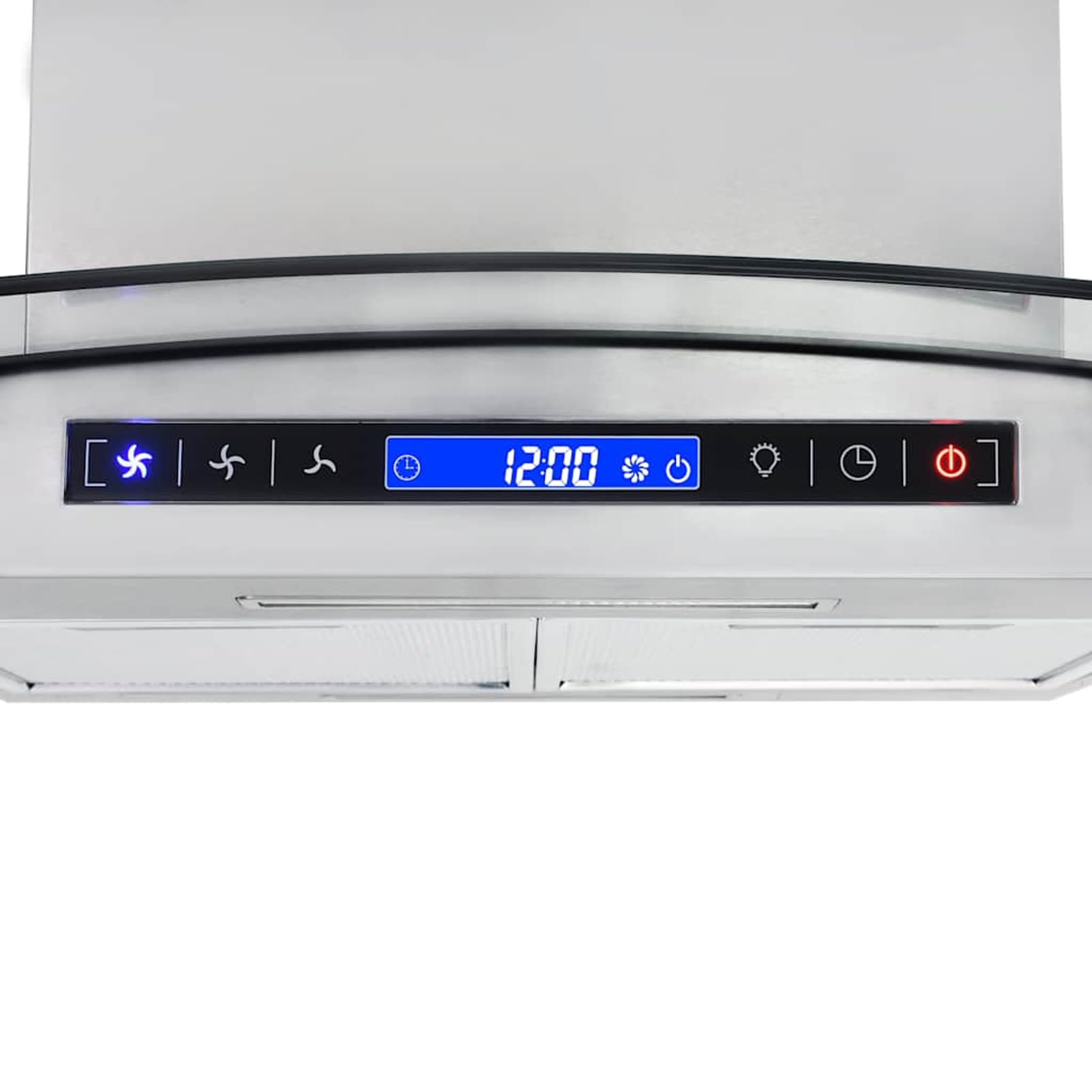 Gecheer Insel-Dunstabzugshaube 90 cm LCD Touch-Sensor 756 m³/h LED Edelstahl gehärtetes Glas Aluminium