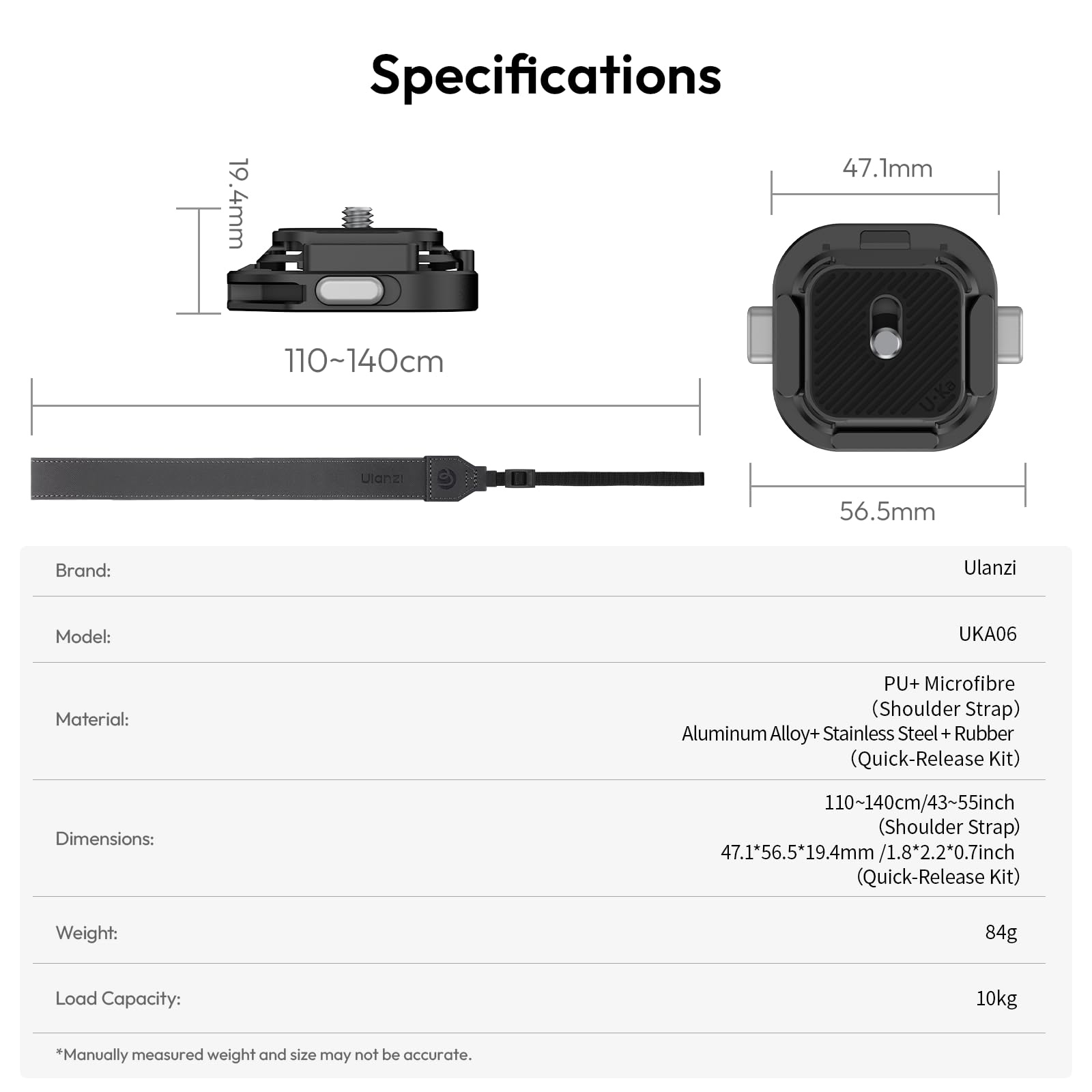 ULANZI UKA06 Plaque à Dégagement Rapide pour Sangle d'appareil Photo, Plateau de Fixation Rapide avec 140cm Sangle réglable, Anti-Desserrage, Compatible avec Uka & F38 pour DSLR/Sony/Nikon, 10kg Max