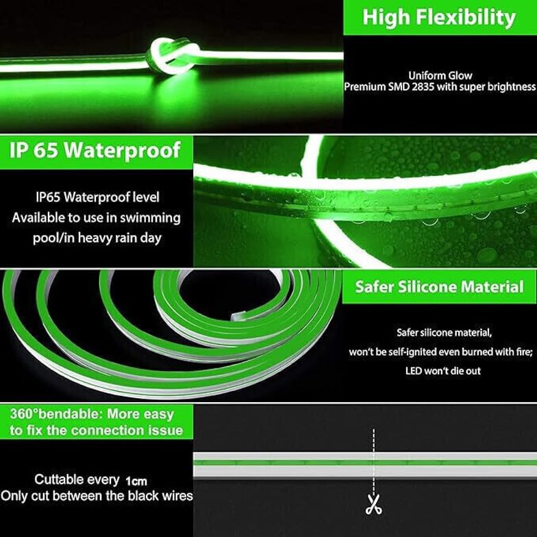 Image of V.E.S.P.A 16.4 Feet Neon LED Strip Lights, with 12V Adapter, Waterproof IP65, Silicone Flexible Rope Light for Wall Decor | DIY Name Signs | Neon Lights | 5 Meter | (Green)