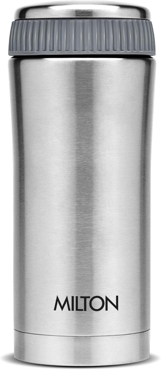 Milton Thermosteel Optima 340 Double Wall Vacuum Insulated Flask, 340 ml | 12 oz | Hot and Cold for Long Hours, 18/8 Stainless Steel, Coffee Travel Mug Tumbler, Rust and Leak-Proof, BPA-Free | Silver