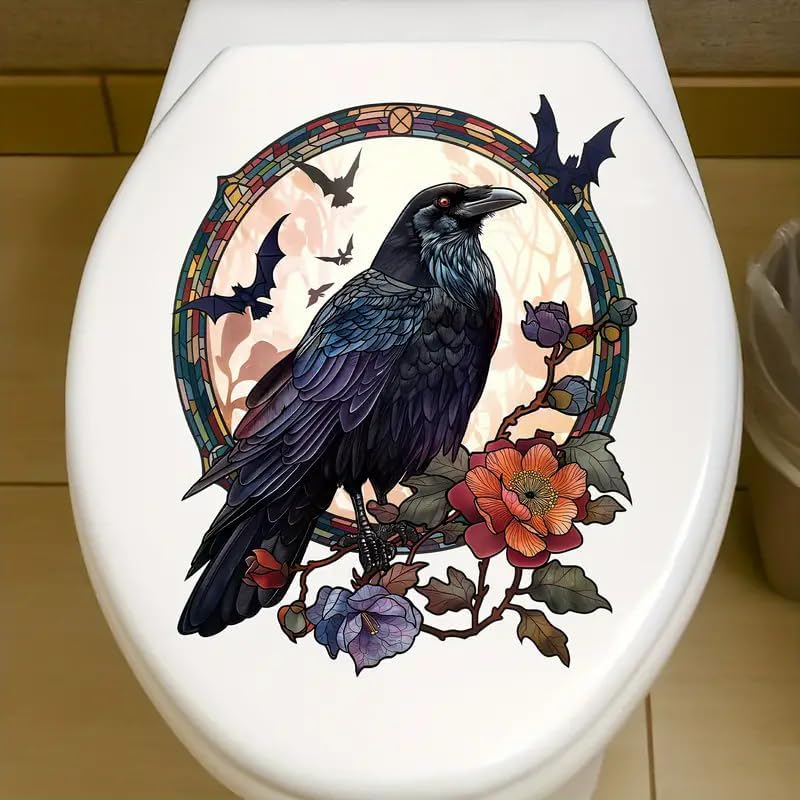 Halloween Raven and Bats Toilet Cover Sticker Decals,Fish Bird Flower Leaf Waterproof Toilet Lid Tank Seat Decals Cistern Self-Adhesive Bathroom Wall Sticker