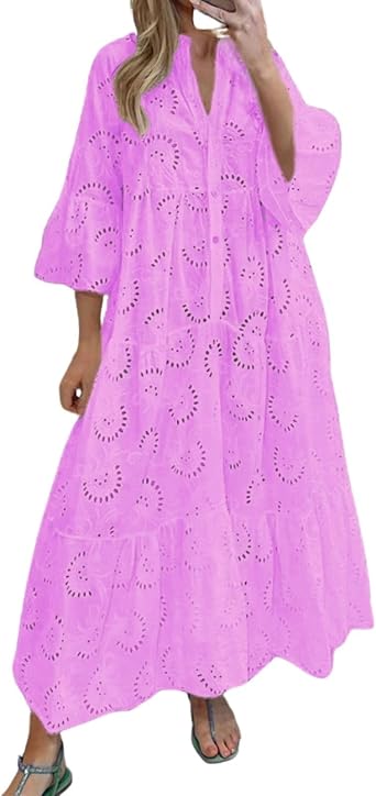 Lace Maxi Dress for Women Summer Trendy Plus Size 3/4 Sleevee V Neck Long Flowy Cotton Eyelet Dress Pink 4XL