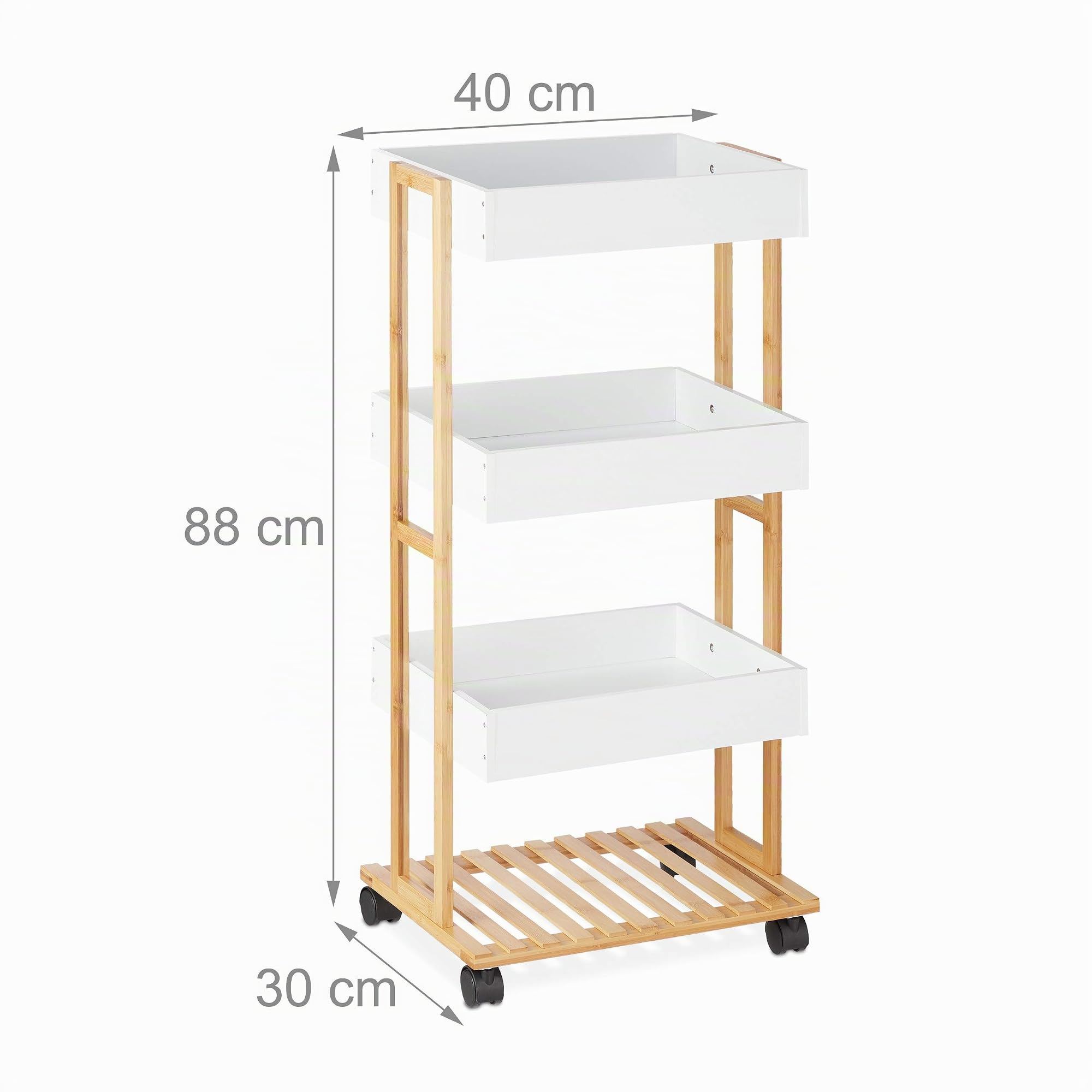 Relaxdays Carrito Auxiliar, Bambú y MDF, Carro Cocina 4 Niveles, Camarera, Cocina y Baño, 88x40x30 cm, Natural/Blanco