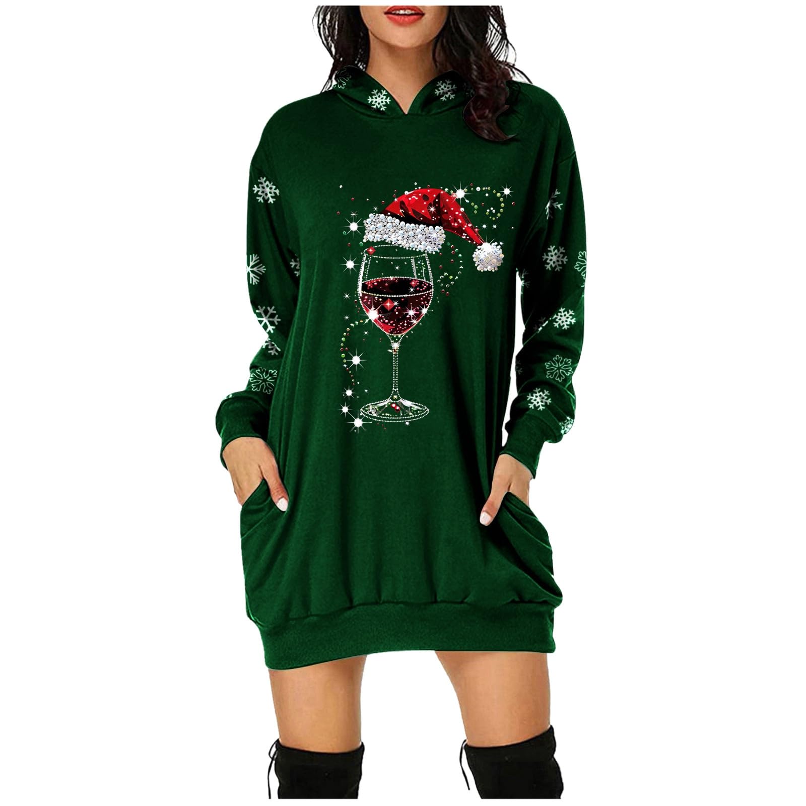 Robe Sweat à Capuche De Noël Pour Femme - Imprimé Wapiti/Noël, Longueur Mi-cuisse, Manches Longues, Poche Kangourou