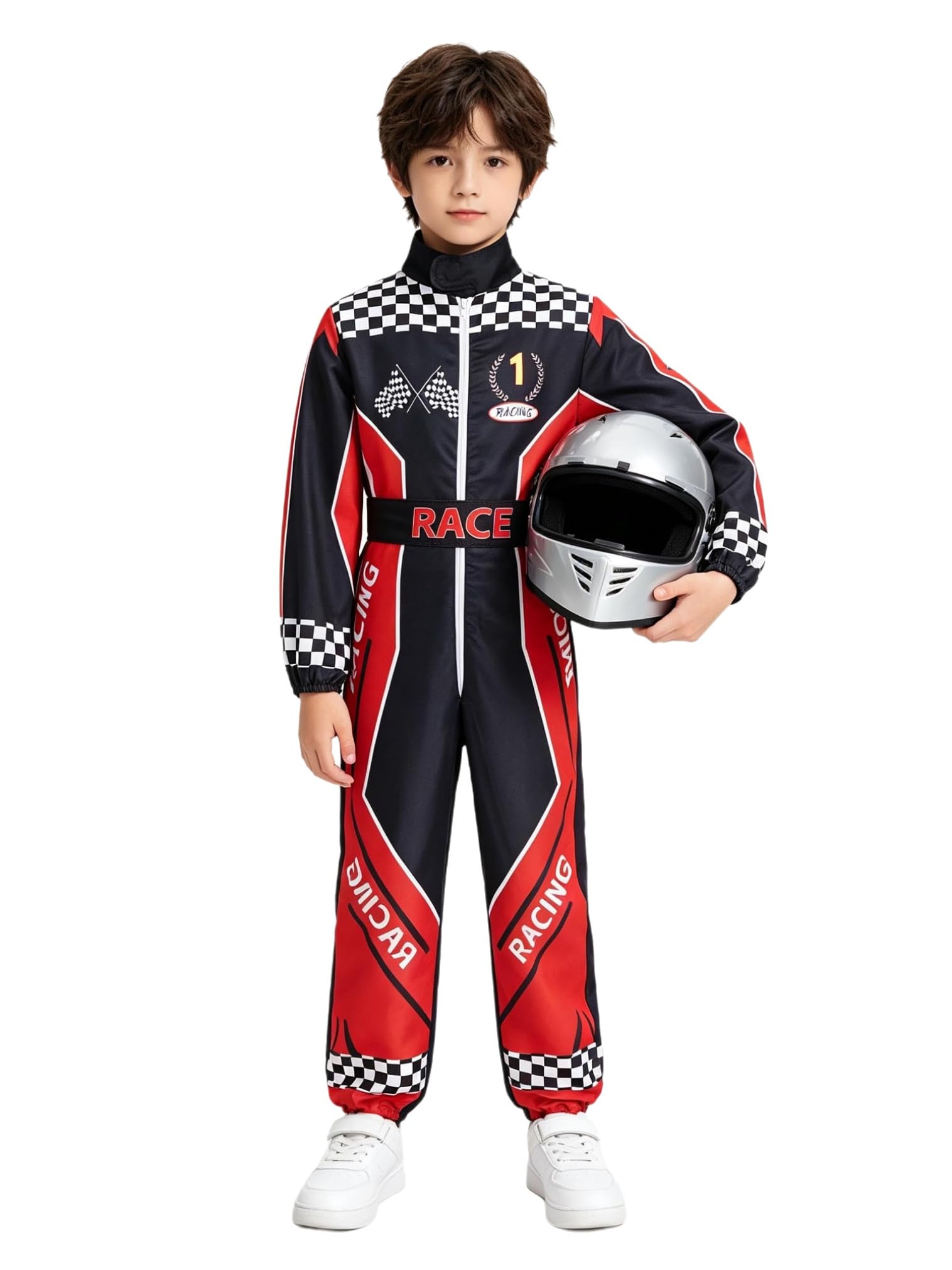 FEESHOW Kids Racing Jumpsuit Racer Suit Racer Role Play Uniform Black Red 9-12 Years