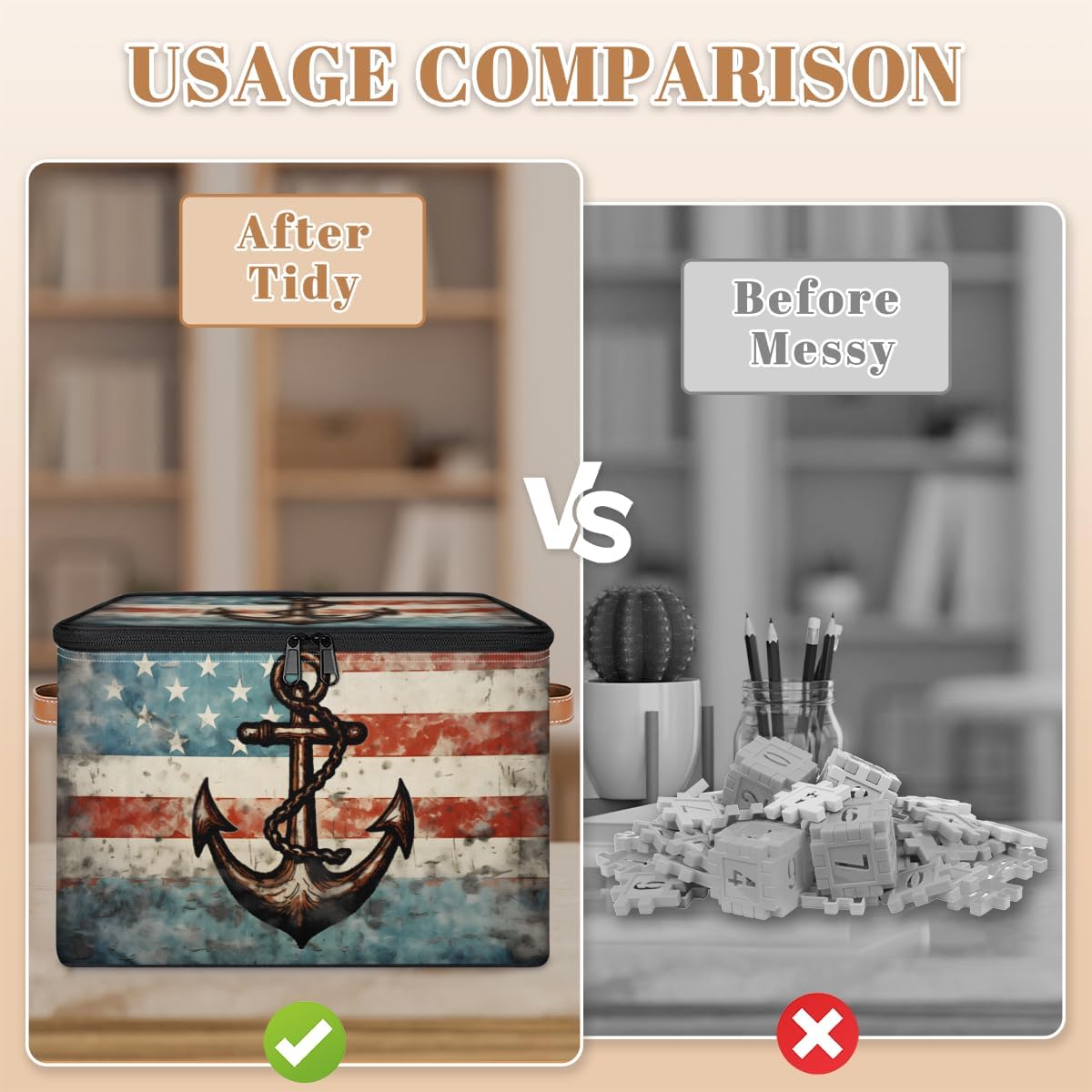 Storage Bin Set of 2 US Flag Anchor Storage Basket with Zipper Lid & Handle Foldable Closet Shelf 2 Pack Cloth Organizer Basket Cube Bins Clothes Organizer for Nursery, Bedroom