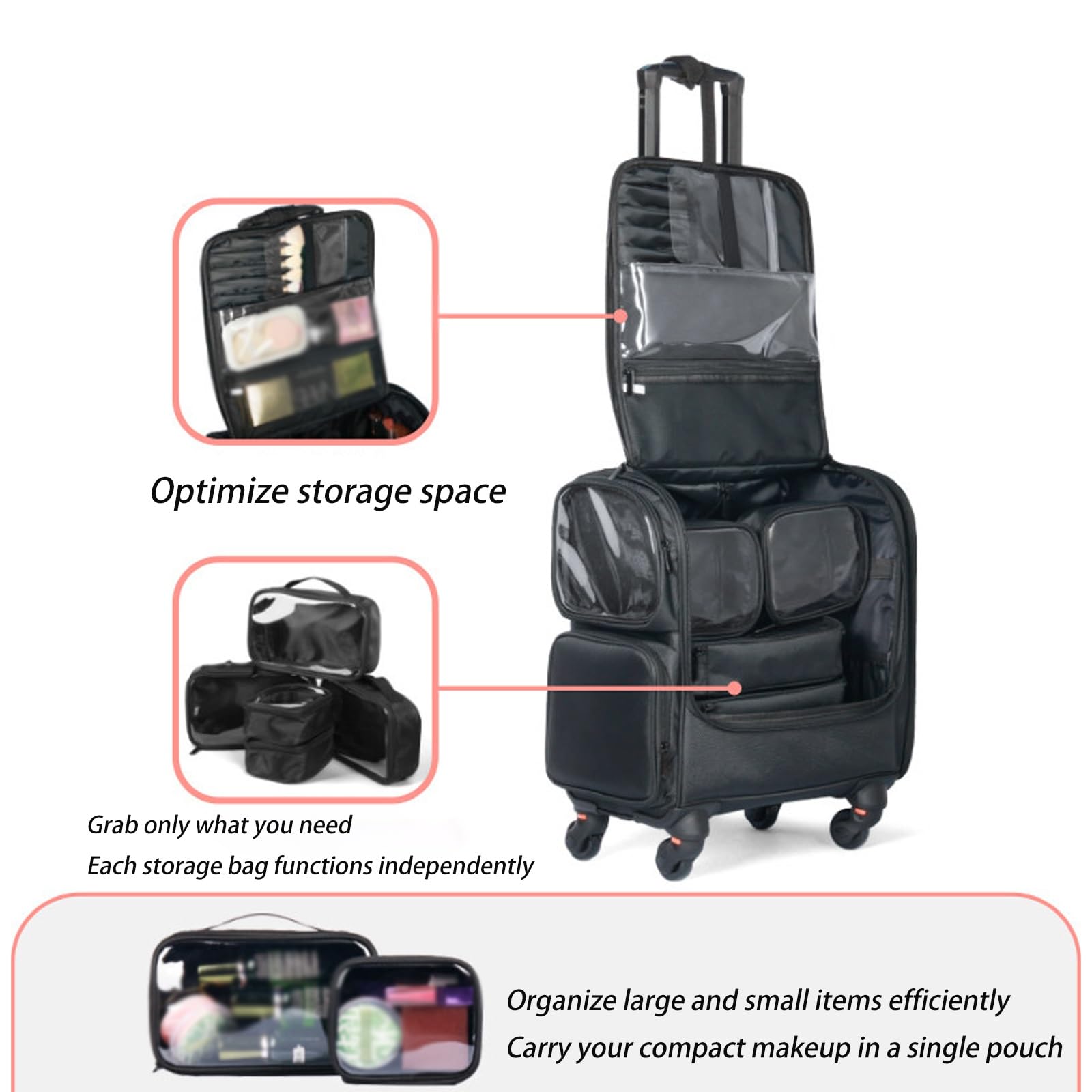 Trolley Porta Trucchi In Tessuto Oxford, Parrucchiere Bellezza Compongono Trolley Cosmetici Organizzatore,Trolley Professionale Con 4 Ruote, Nero