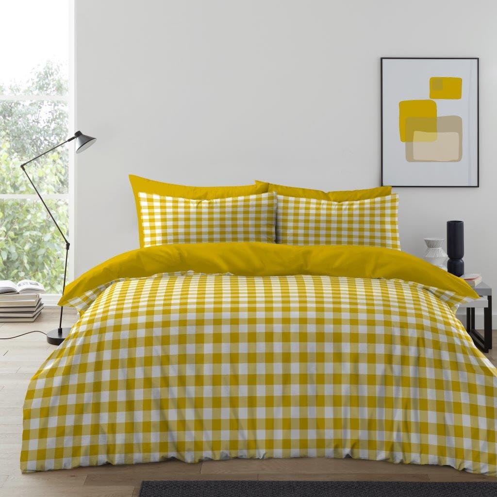 GC GAVENO CAVAILIA Gingham Check Double Duvet Set - Microfiber Tartan Check Bedding Double Bed Set With Pillow Cases - Hypoallergenic & Machine Washable Reversible Quilt Covers Bed Set, Ochre