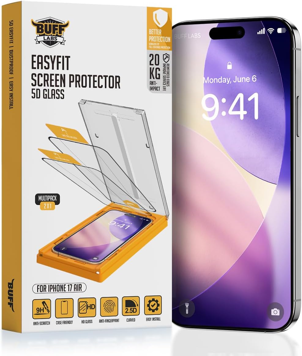 BUFF LABS 2-Pack Screen Protector for iPhone Air [6.5”] Tempered Glass with Auto-Alignment Kit - Bubble-Free, Drop Protection, Easy Installation, Case-Friendly