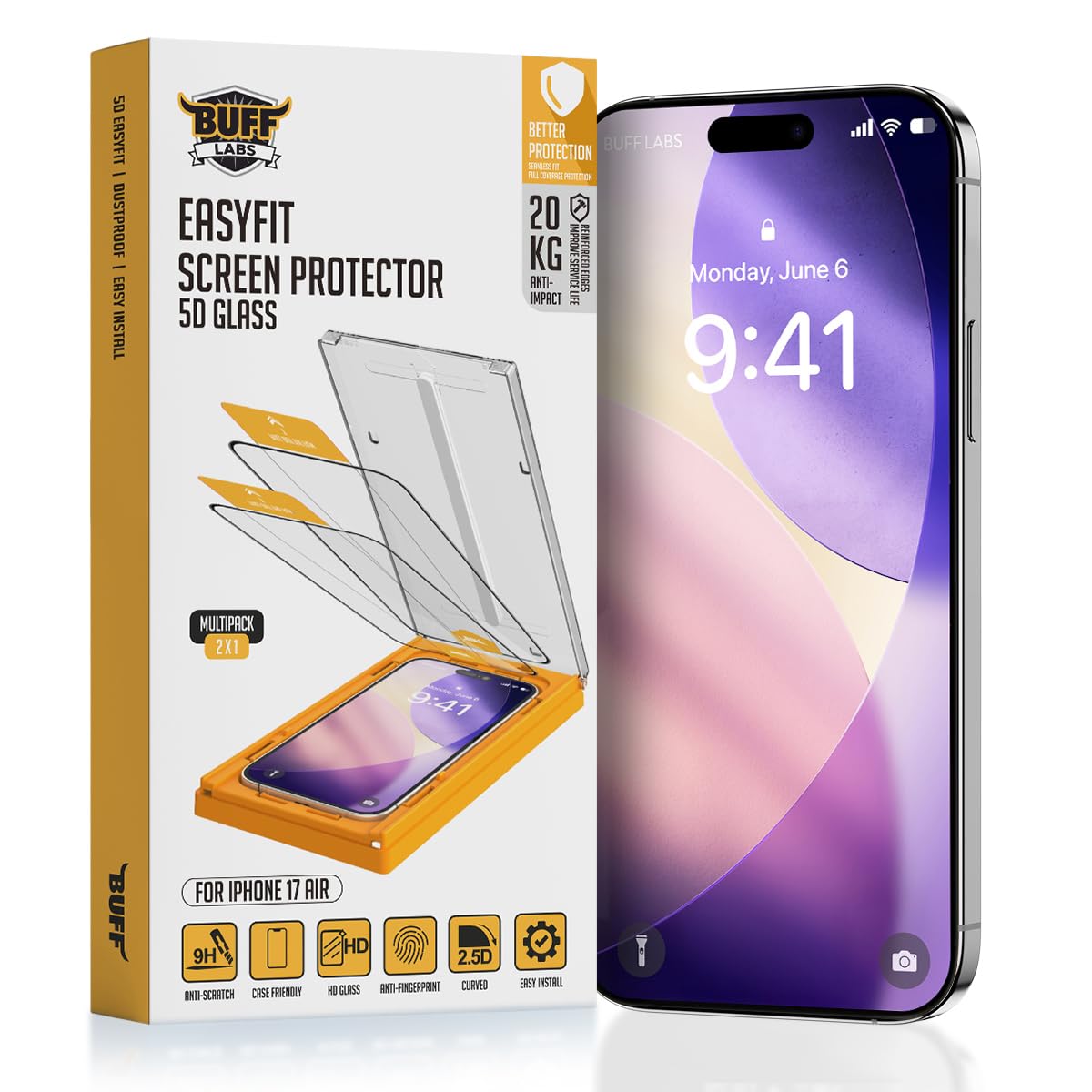 BUFF LABS 5D Glass EasyFit 2 Adet Kolay Uygulama Aparatlı Ekran Koruyucu Temperli Şeffaf Cam (iPhone 17 Air)
