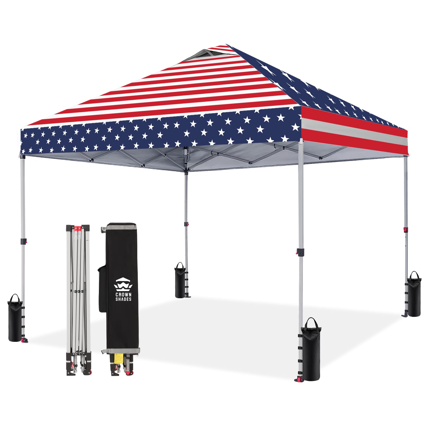 10x10 Pop Up Canopy - Beach Tent with One Push Setup - Easy Outdoor Sun Shade for Events, Parties, Camping - Gazebo with STO-N-Go Cover Bag, Silver Coated Top, American Flag
