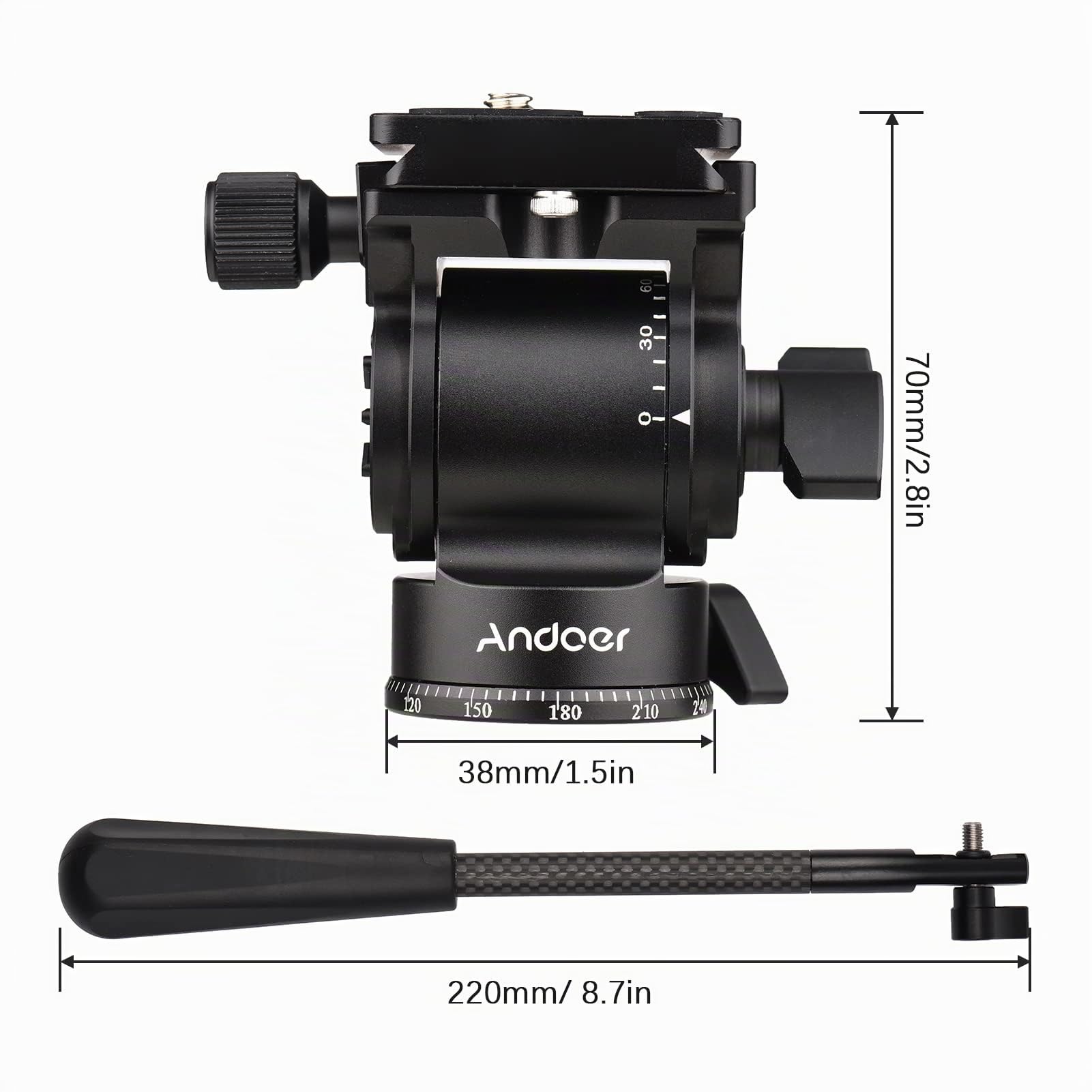 Andoer Testa a sfera panoramica con vite da 1/4", manico rimovibile, 2 piastre a sgancio rapido, portata 10 kg/22 lbs